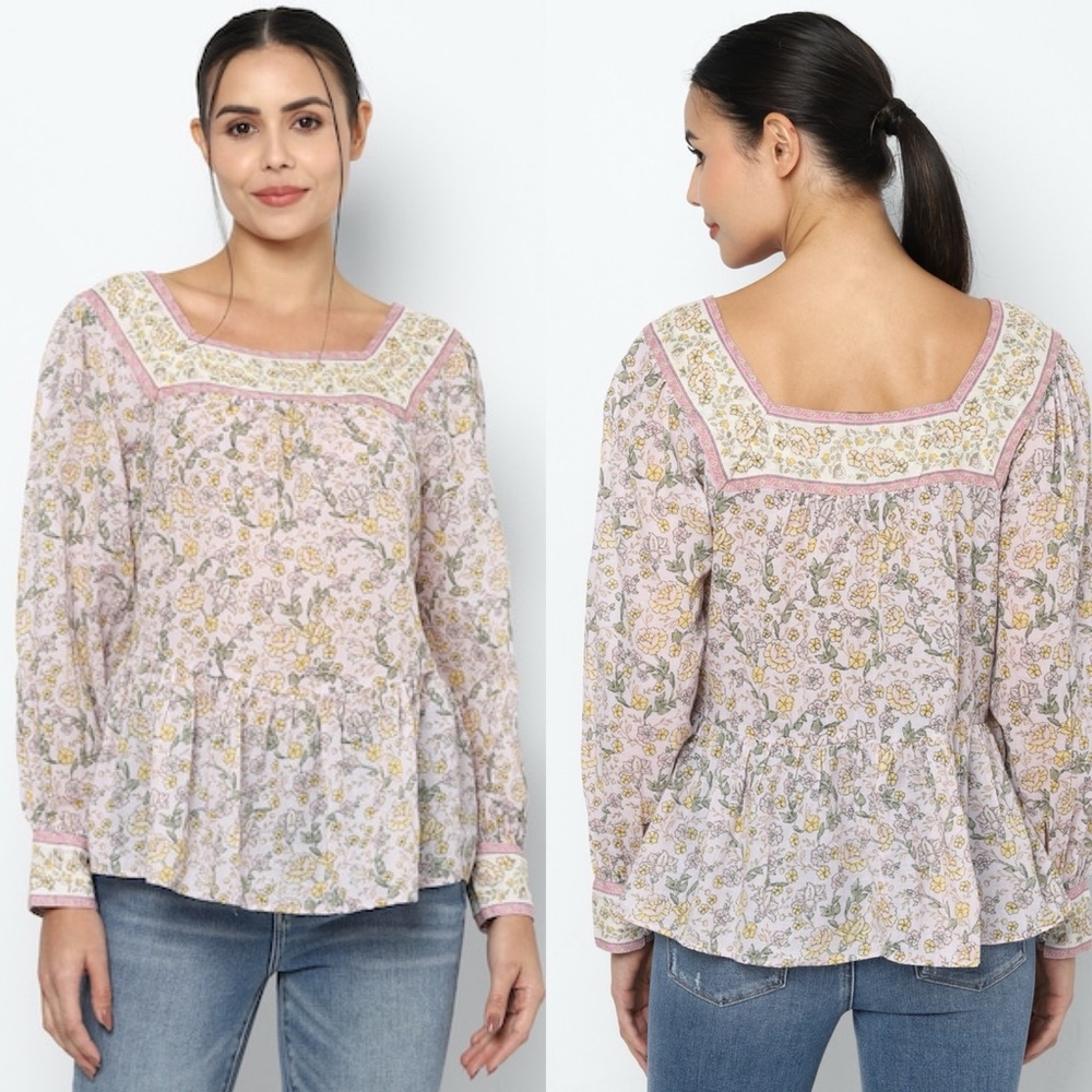 American Eagle Peasant Top Blouse Large Lightweight Airy Floral Print Purple